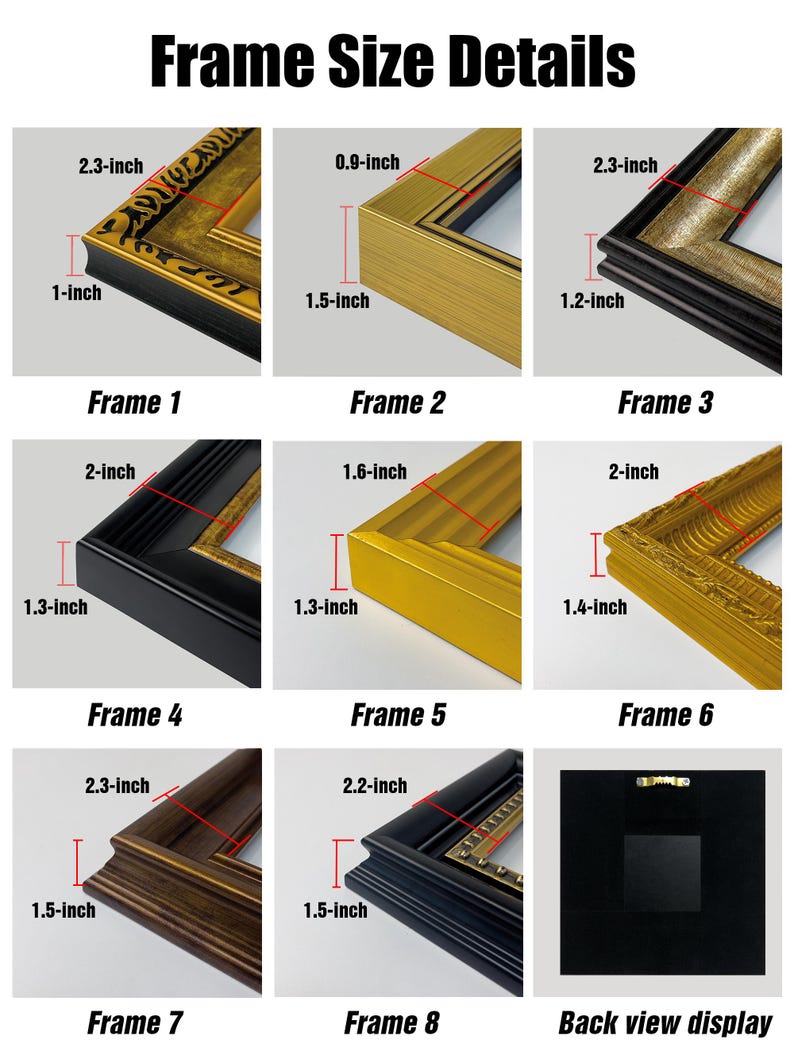 May include: Image showing frame size details. Includes close-up views of eight different picture frames, with measurements in inches. The frames vary in color and style, including gold, black, and brown. The text "Frame Size Details" is at the top, with labels for each frame.