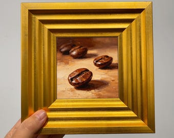 Mini cuadro al óleo de granos de café, arte original, pequeña naturaleza muerta, decoración de pared para cocina, arte de cafetería en miniatura, regalo para amantes del café.