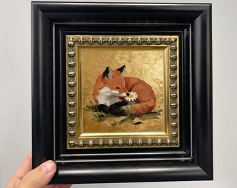 Small Fox Oil Painting 4x4 | Mini Oil Painting Framed Original Art Woodland Animal Wall Decor Cute Cottagecore Small Painting Unique Gift