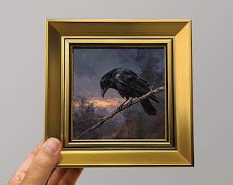 Black Crow Original Oil Painting, Mini Framed Halloween Wall Art, Hand Painted Artwork, Gothic Decor, Spooky Gift
