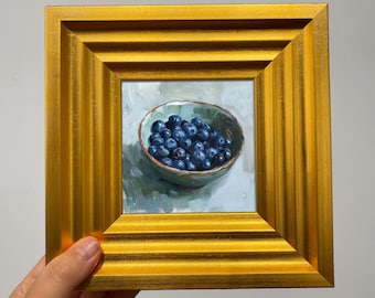 Mini olieverfschilderij bosbessen kom origineel eten kunst kleine ingelijste kunstwerken fruit stilleven keuken muur decor leuk cadeau