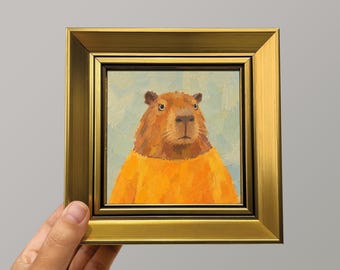 Capybara Original Oil Painting, Orange Sweater Funny Animal Art, Whimsical Portrait Decor, Humor Gift for Friend