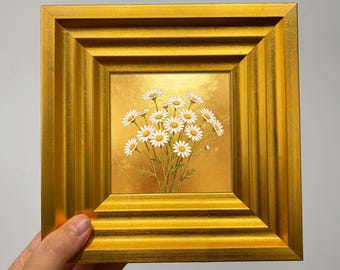 Daisy Small Oil Painting, Textured Gold Floral Wall Art, Cottagecore Botanical Decor, Mini Flower Gift