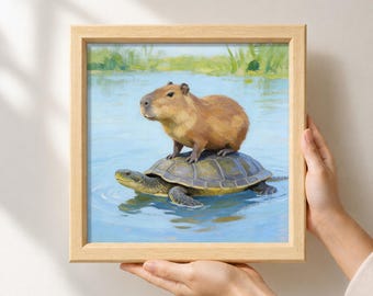 Capybara Oil Painting, Whimsical Vintage Wall Art, for Playful Living Room Decor