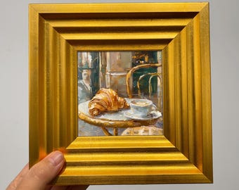Mini Oil Painting Croissant Coffee Art Small Canvas Cafe Breakfast Wall Decor Cozy Kitchen Art Food Lover Gift