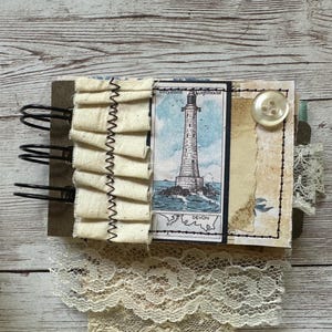 Handmade tiny wire bound journal, notebook, diary, daily journal, vintage and new papers, vintage theme, lighthouse