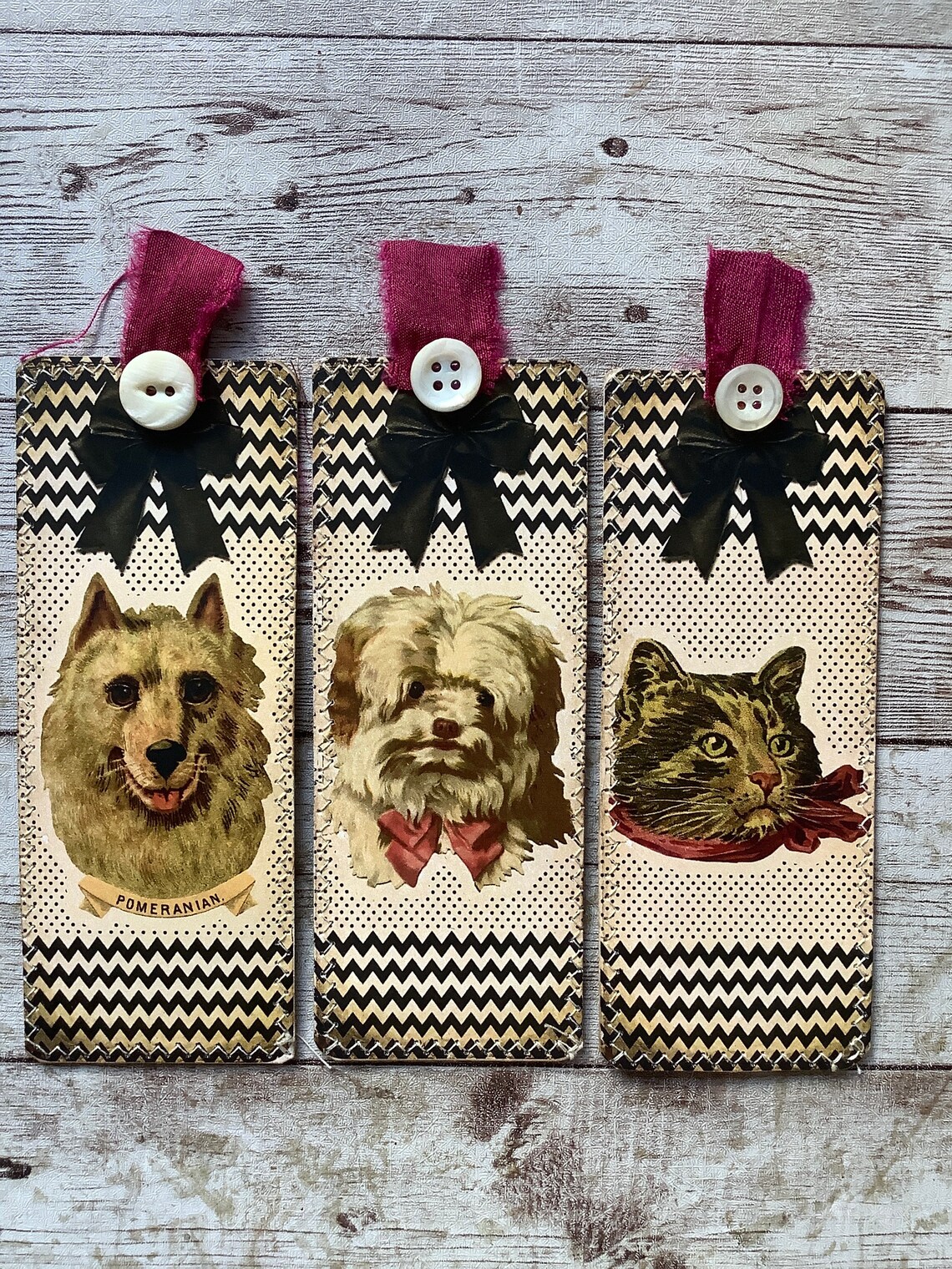 3 vintage style dog bookmarks fabric backed Etsy