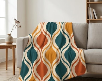 Retro Geometric Wave Sherpa Blanket , Mid Century Modern Throw, Orange Teal