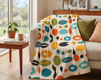 Mid Century Modern Sherpa Blanket, Retro Geometric Throw, Cozy Fleece Sofa Blanket