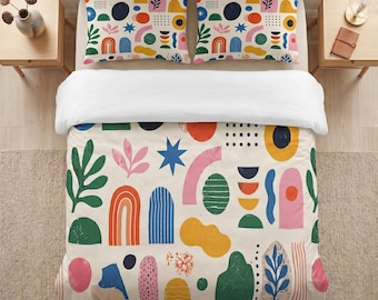 Colorful Abstract Shapes Cotton Comforter, Modern Geometric Bedding, Playful Pattern Quilt, Kids Boho Bedroom Decor