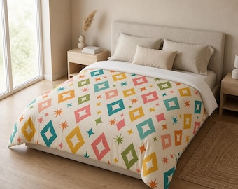 Mid Century Modern Cotton Comforter, Starburst Diamond Pattern Bedding, Retro Geometric Quilt, Colorful Boho Bedroom Decor