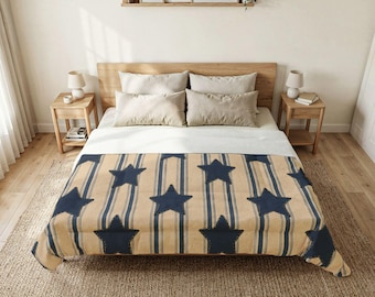 Navy Star Cotton Comforter, Striped Americana Bedding, Patriotic Farmhouse Bedspread, Navy Beige Bedroom Decor