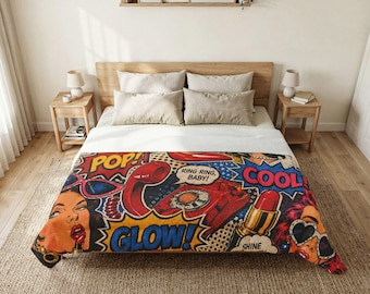 Pop Art Comic Cotton Comforter, Retro Glam Bedspread, Colorful Makeup Icons Bedding