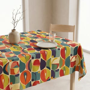 Mid Century Abstrakte Tischdecke, Retro Blumenmuster, Herbstfarben, Küche Esszimmer Dekor