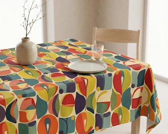 Tovaglia astratta in stile metà secolo, motivo floreale retrò, colori autunnali, decorazione per cucina e sala da pranzo.