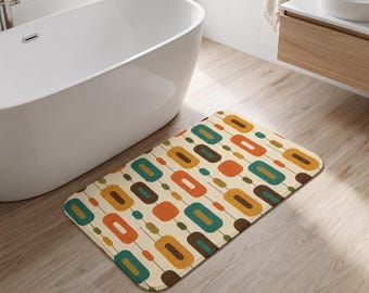 Tappetino da bagno geometrico stile metà secolo, tappeto da bagno astratto retrò arancione e verde acqua