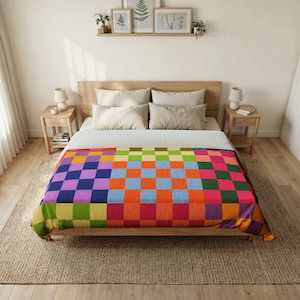 Colorful Checkerboard Duvet Cover, Rainbow Patchwork Bedding, Bright Geometric Quilt Cover, Maximalist Bedroom Decor
