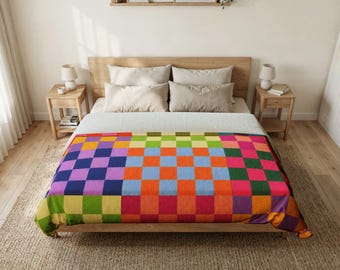 Colorful Checkerboard Duvet Cover, Rainbow Patchwork Bedding, Bright Geometric Quilt Cover, Maximalist Bedroom Decor