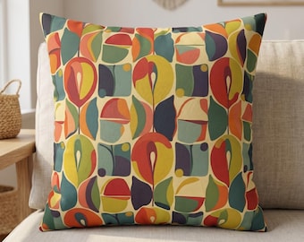 Mid Century Modern Geometric Pillowcase, Abstract Retro Throw Pillow Cover, Colorful Square Cushion Cover