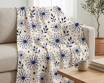 Navy Daisy Floral Sherpa Blanket , Fleece Flower Pattern Throw