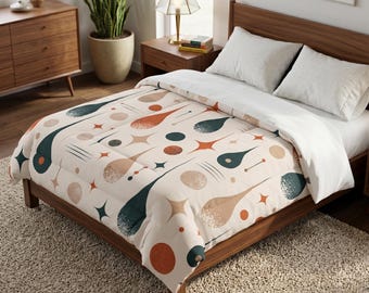Mid Century Modern Cotton Comforter, Retro Teardrop Starburst Bedding, Abstract Geometric Quilt, Boho Bedroom Decor
