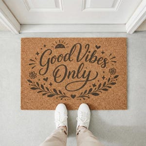 May include: A rectangular doormat made of natural brown coir fiber. The mat features the phrase "Good Vibes Only" in a decorative black script, surrounded by floral and heart motifs. White sneakers are visible.