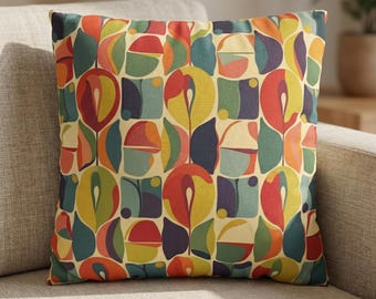 Mid Century Modern Throw Pillow, Abstract Geometric Cushion, Retro Colorful Decorative Pillow