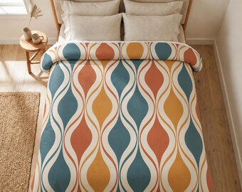 Mid Century Modern Comforter, Retro Geometric Wave Bedding, Teal Rust Mustard Quilt, Abstract Boho Bedspread