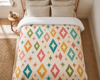 Mid Century Modern Diamond Comforter, Retro Geometric Bedding, Colorful Pattern Quilt, Boho Bedroom Decor