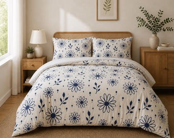 Navy Daisy Flower Cotton Comforter, Blue Floral Bedding, Botanical Quilt, Cottagecore Bedspread