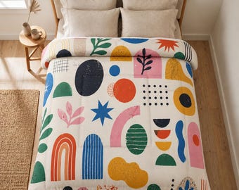 Colorful Abstract Shapes Comforter, Mid Century Modern Bedding, Geometric Pattern Quilt, Boho Bedroom Decor