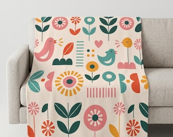 Retro Floral Birds Sherpa Fleece Blanket | Mid Century Flower Pattern