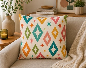 Mid Century Modern Pillow, Retro Diamond Star Pattern Cushion, Boho Home Decor Pillow