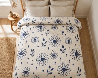 Navy Daisy Floral Comforter | Blue Flower Bedding, Hand-Drawn Pattern
