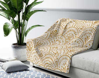 Art Deco Blanket, Gold Geometric Throw, Neutral Cozy Blanket, Living Room Decor