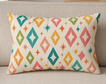 Mid Century Diamond Star Lumbar Pillow, Retro Geometric Boho Throw Cushion