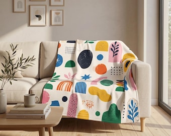 Abstract Colorful Shapes Sherpa Fleece Blanket , Mid Century Geometric Throw
