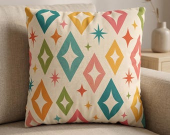 Mid Century Modern Pillow Cover, Geometric Diamond Starburst Cushion, Retro Throw Pillowcase