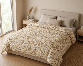 Gold Art Deco Cotton Comforter, Geometric Pattern Bedding, Soft Breathable