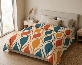 Mid Century Modern Cotton Comforter, Retro Wave Bedding, Teal Orange Mustard Geometric Quilt, Abstract Boho Bedspread