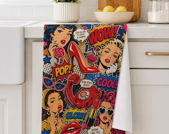 Pop Art Comic Tea Towel, Retro Glam Kitchen Towel, Red Heels Lipstick Print