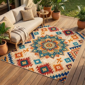 Puede incluir: Una alfombra beige para exteriores con un vibrante patrón geométrico. La alfombra presenta un diseño floral central en tonos azules, naranjas y amarillos, rodeado de formas geométricas repetidas en rojo, azul y naranja. La alfombra está colocada sobre una terraza de madera.