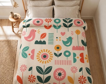 Mid Century Comforter, Retro Flower Bedding, Colorful Floral Quilt, Vintage Boho Bedroom Decor