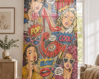 Pop Art Comic Sheer Window Curtain, Retro Glam Makeup Fashion Curtain Panel
