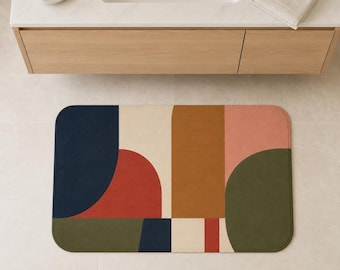 Tapis de bain style années 50, motifs géométriques abstraits rétro, tapis de salle de bain moderne et coloré