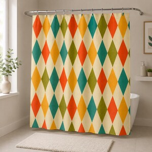 Mid Century Modern Shower Curtain | Retro Harlequin Diamond Geometric Bath Decor