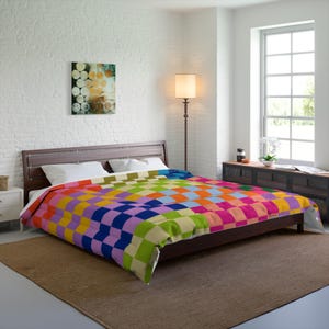 Colorful Checkerboard Comforter, Rainbow Patchwork Bedding, Bright Geometric Bedspread, Maximalist Bedroom Decor