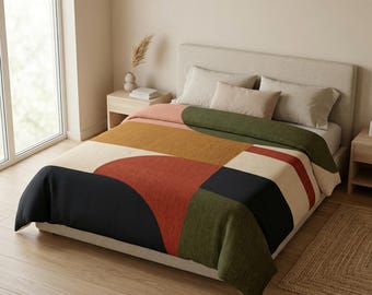 Mid Century Modern Cotton Comforter, Geometric Color Block Bedding, Abstract Quilt Blanket