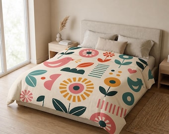 Mid Century Modern Cotton Comforter, Retro Floral Bedding, Colorful Flower Quilt, Boho Bedroom Decor