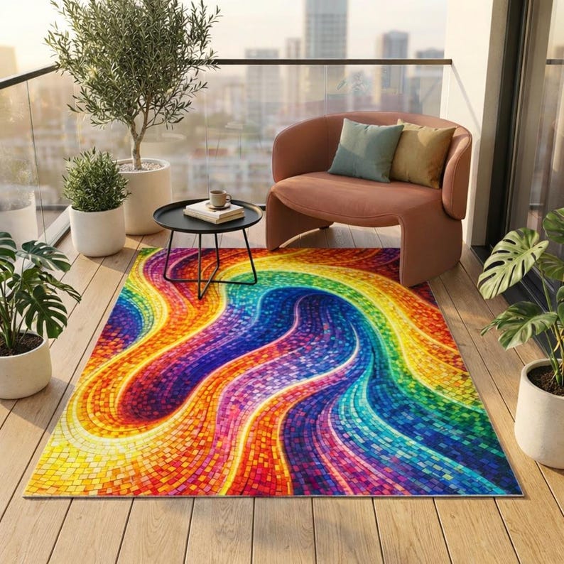 Rainbow Wave Mosaic Outdoor Rug, Colorful Swirl Patio Carpet, Vibrant ...
